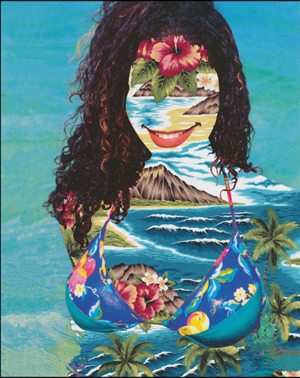 Abstract portrait of a woman with dark curly hair and a tropical beach scene superimposed on her body