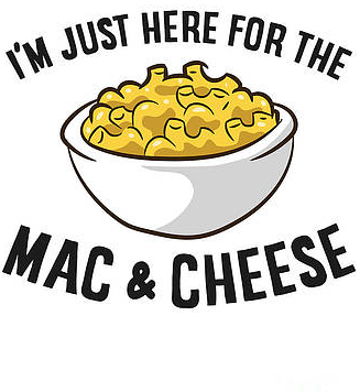 Bowl of macaroni and cheese with text 
