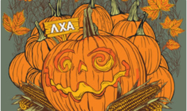 A whimsical illustration of jack-o-lanterns with Lambda Chi Alpha's greek letters on a post behind the pumpkins. 