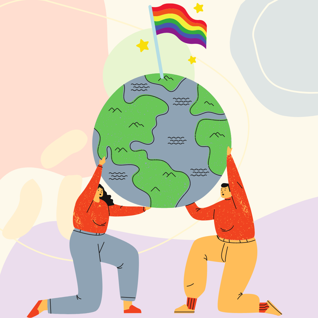 Individuals holding up a globe.