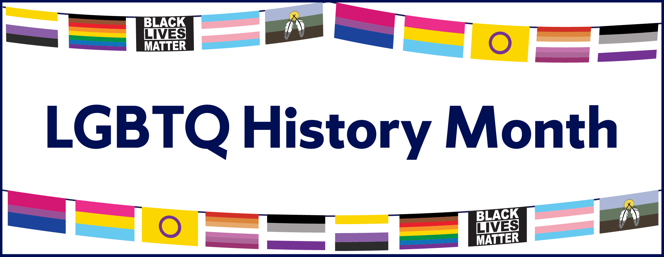 "LGBTQ History Month" written in navy overtop a white background. Words are bordered by various flags that represent the LGBTQ community