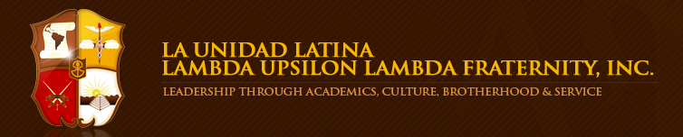 Brown background with the Lambda Upsilon Lambda coat of arms and the Fraternity's description in yellow text