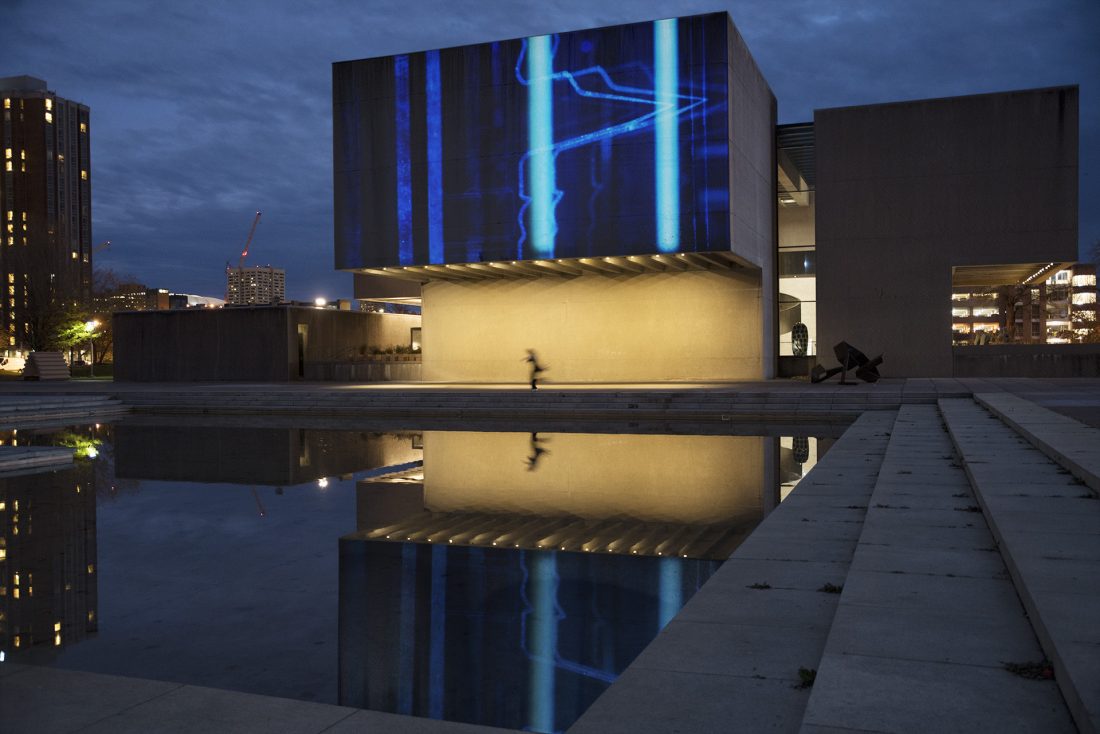 Installation view on the Everson Museum facade of Walled Unwalled (2019)