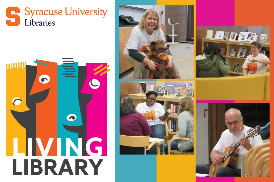 Four photos of people in Bird Library speaking to each other, one with a guitar, with Living Library colorful books with faces logo