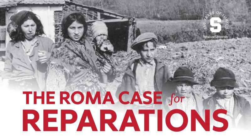 The Roma Case for Reparations, with background image of four Roma children in 1941