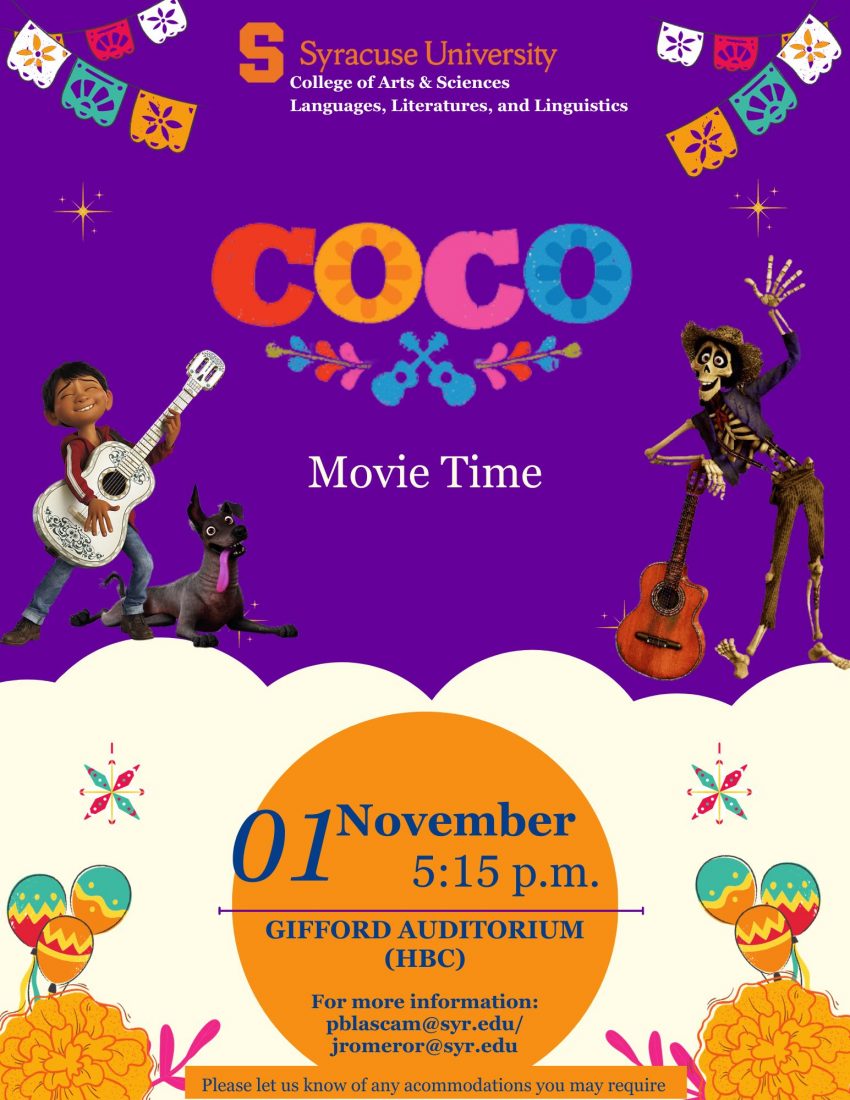 Meeting and time of the Movie Coco over a Mexican background 