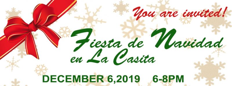 Flyer for Fiesta De Navidad Event featuring snowflake motif, and a Christmas Bow 