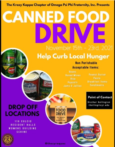 A yellow and purple poster advertising the Omega Psi Phi Fraternity's annual canned food drive. The poster features four circular-cropped photos of canned food.