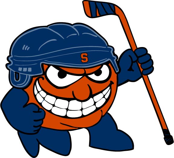 Otto the Orange holding a hockey stick.