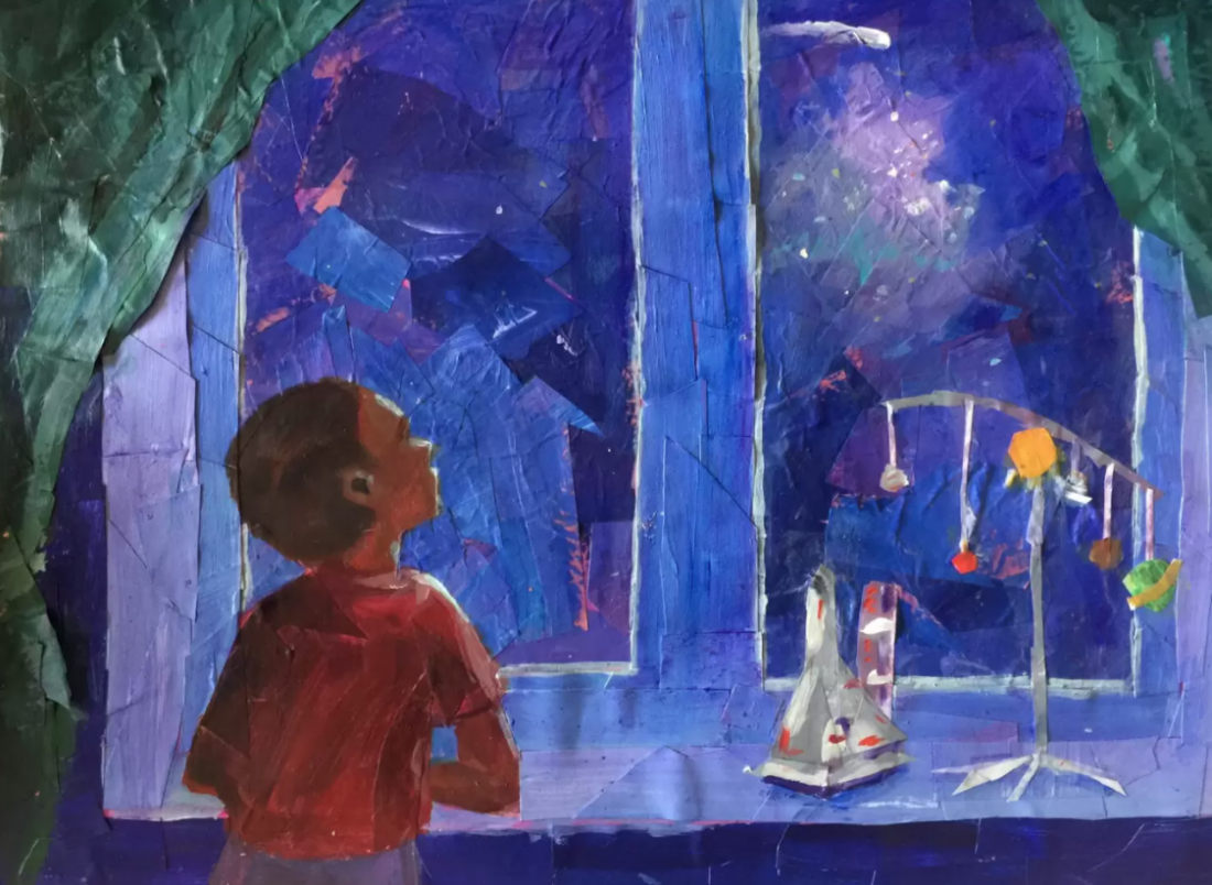 A painted image of a boy looking outside through the window.
