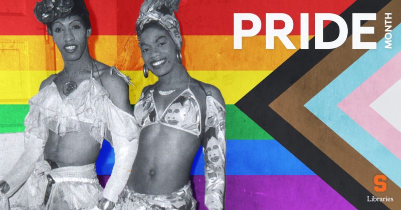 black and white photo of two black possibly transgender people in dresses, with rainbow flag behind them and word PRIDE in reversed white text