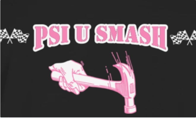 Black background with a pink and white illustration of a hand swinging a hammer under the words 