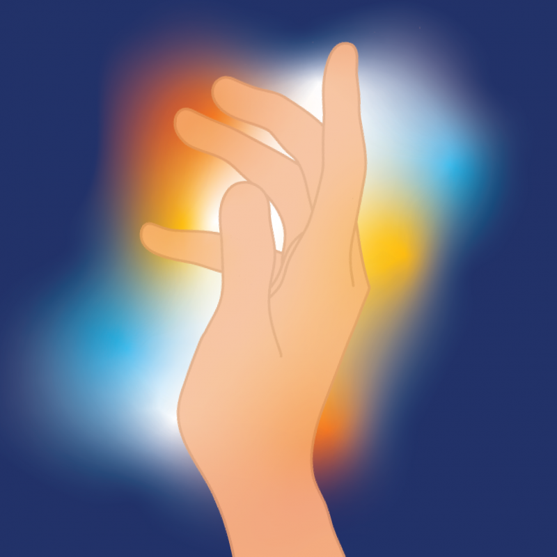 Image of one hand glowing with prismatic colors coming off of them.