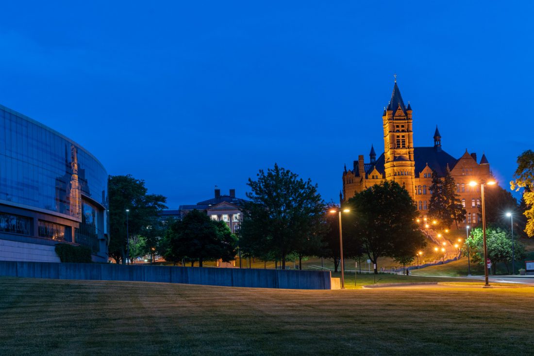 Crouse College at dusk.