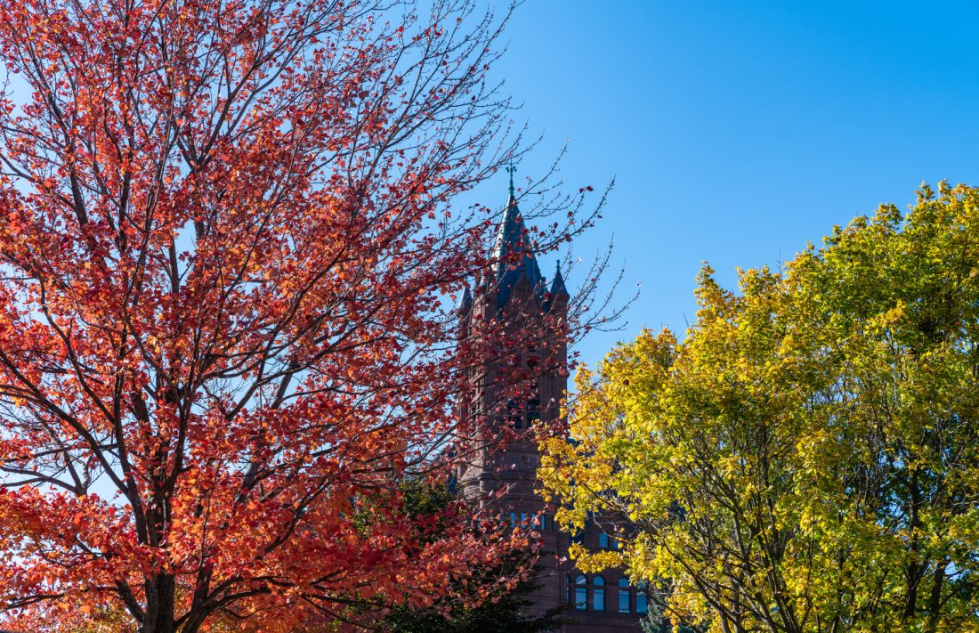 Photo of Syracuse University Campus in the Fall. The photo is from a rooftop or from the ground showing campus building and grounds in peak Central New York fall colors. This is a photo of teh Crouse College bell tower through fall colored trees.