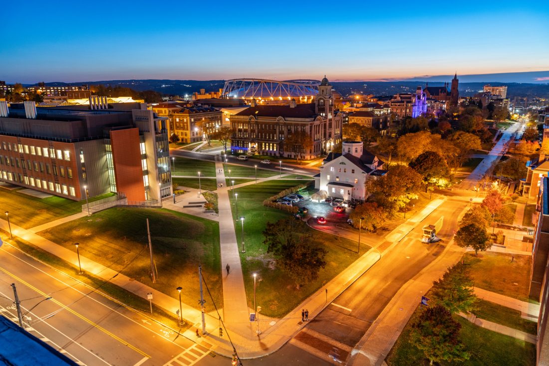 Aerial of campus and Crouse.