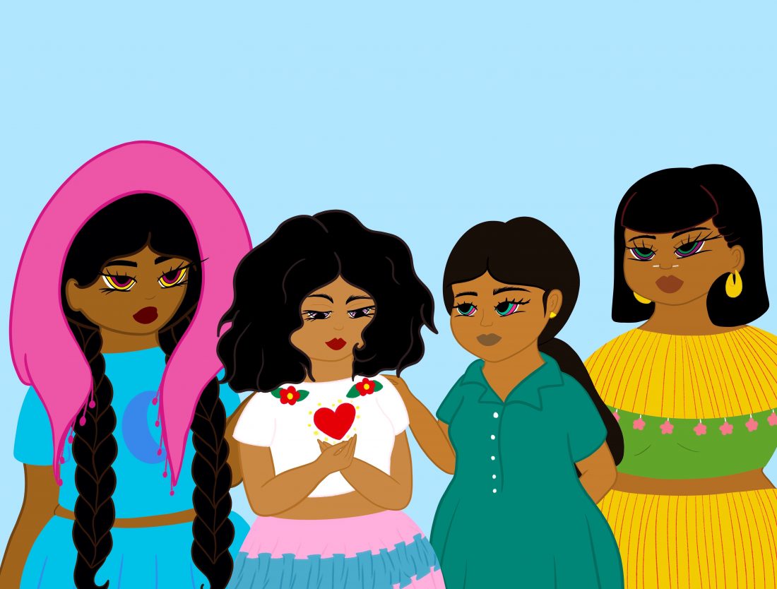 A digital drawing of four women of color standing in a row. The second from the left is cupping her hands together, and a red heart floats in the air above her hands.