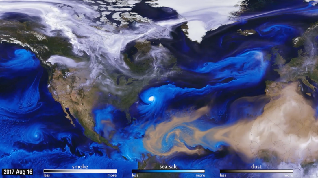 view of atmospheric aerosols from smoke, sea salt, and dust over the North Atlantic. 