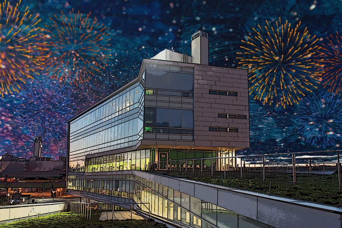 CoE headquarters with fireworks in background