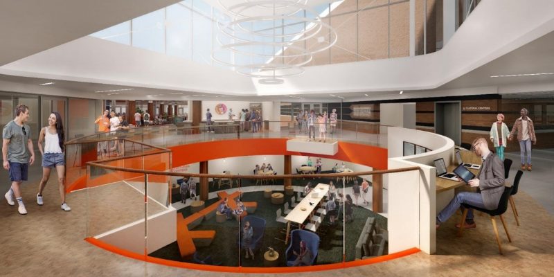 Rendering of the renovated Schine Student Center main floor entryway illuminated in natural light