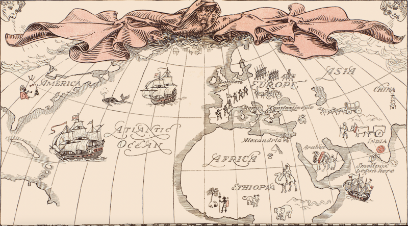 Illustrative world map with looming figure in red cape at top.