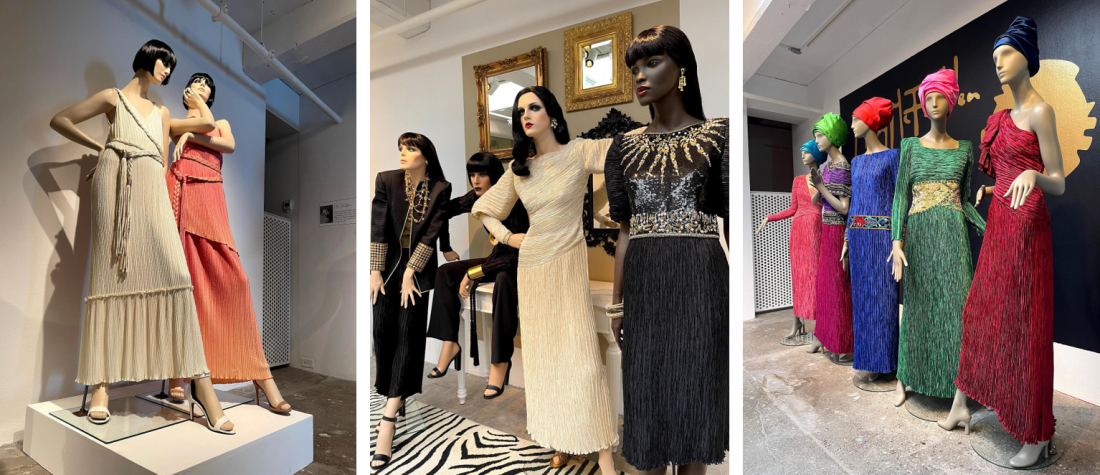 A collage of stills from the exhibition, featuring clothes designed by Mary McFadden.