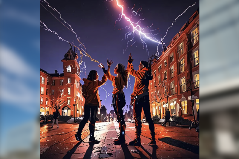 three people raise their hands up to lightning in the sky in a city street at night