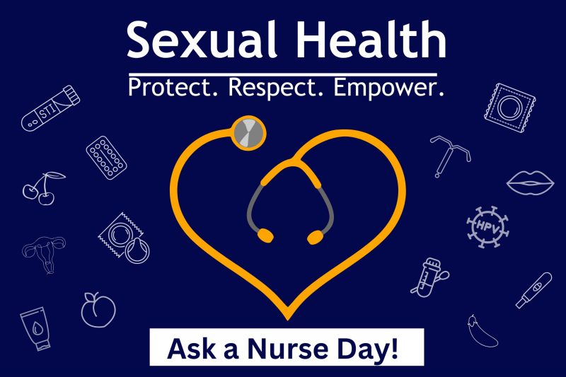 Dark blue background , image of a stethoscope in the shape of an orange heart surrounded by cartoon images pertaining to sexual health. At the top, the words Sexual Health: Protect. Respect. Empower  and the bottom says Ask a Nurse Day