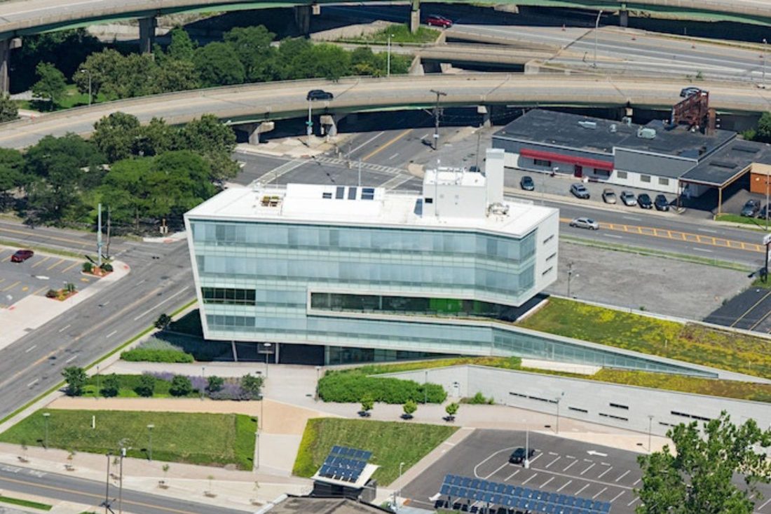 Bird's-eye view of Syracuse Center of Excellence building and surrounding streetscape