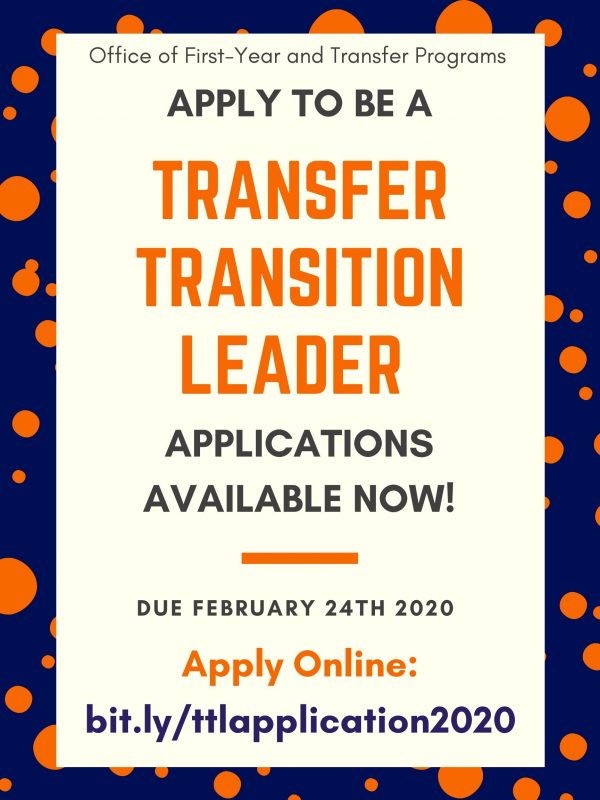 Apply to be a Transfer Transition Leader! Applications available now, and close on February 24th. Apply Online: bit.ly/ttlapplication2020 