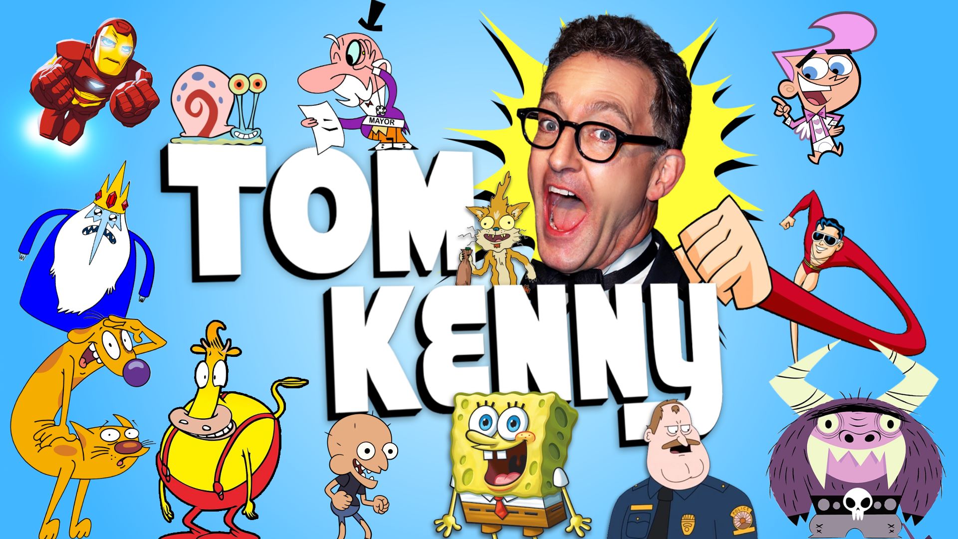 headshot of Tom Kenny and various characters