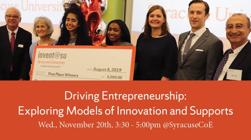 Entrepreneurial students winning an award from invent@su