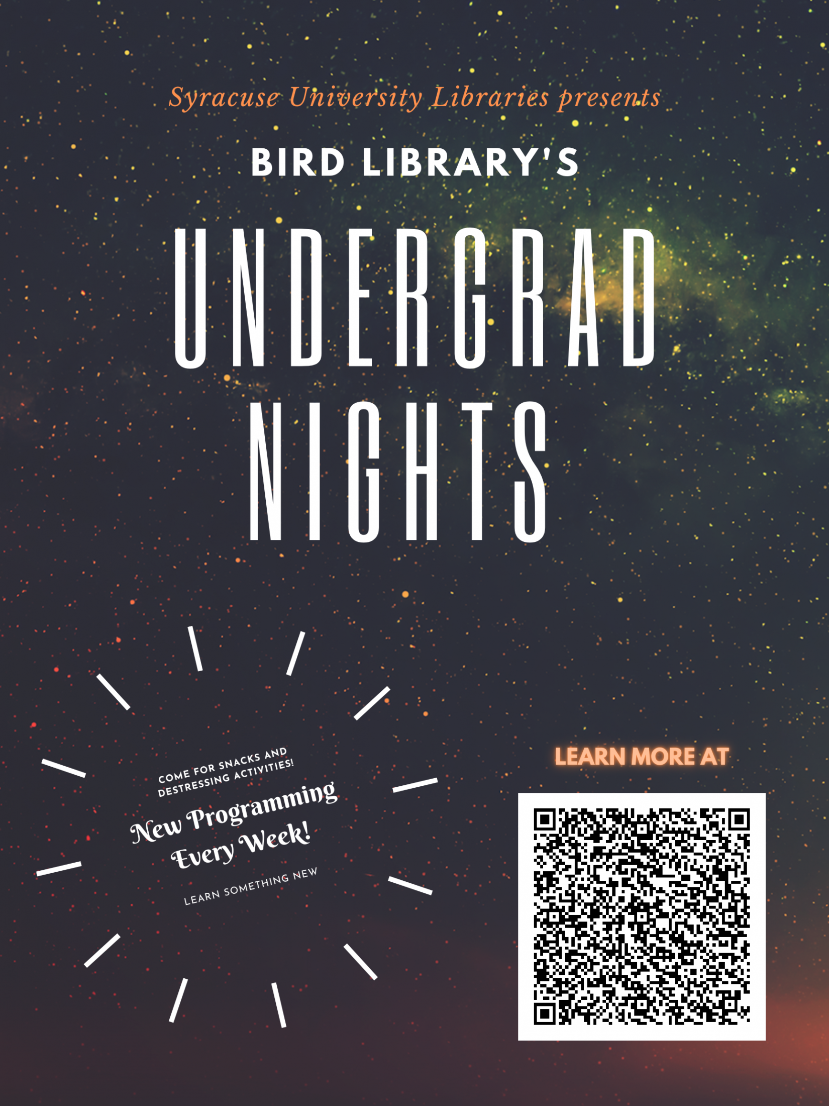 black background with stars and words "Undergrad Nights" and QR code to research guide