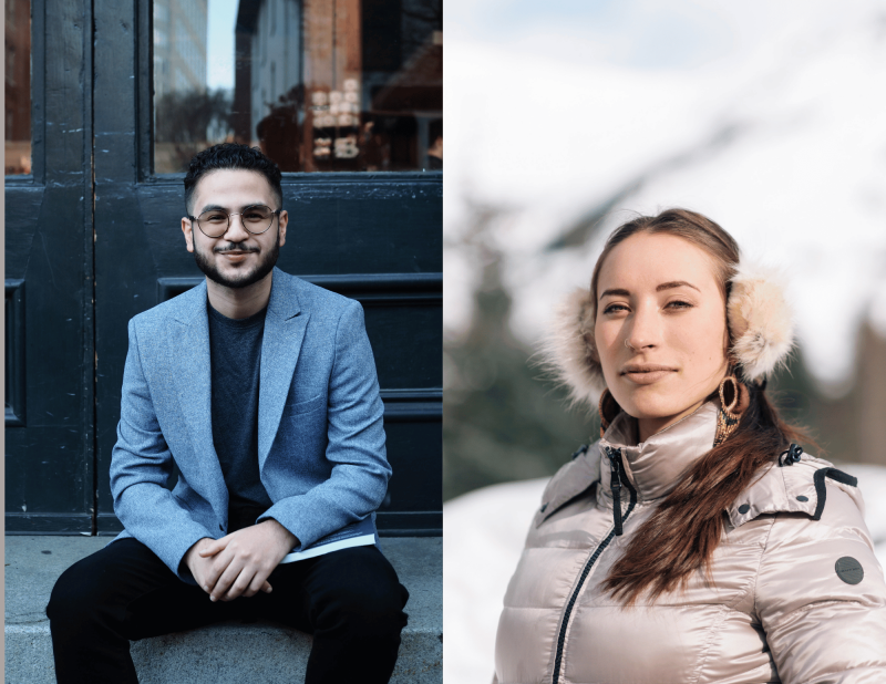 Headshots of featured Environmental Storytellers, Ahmed Badr and Ruth Łchavaya K’isen Miller
