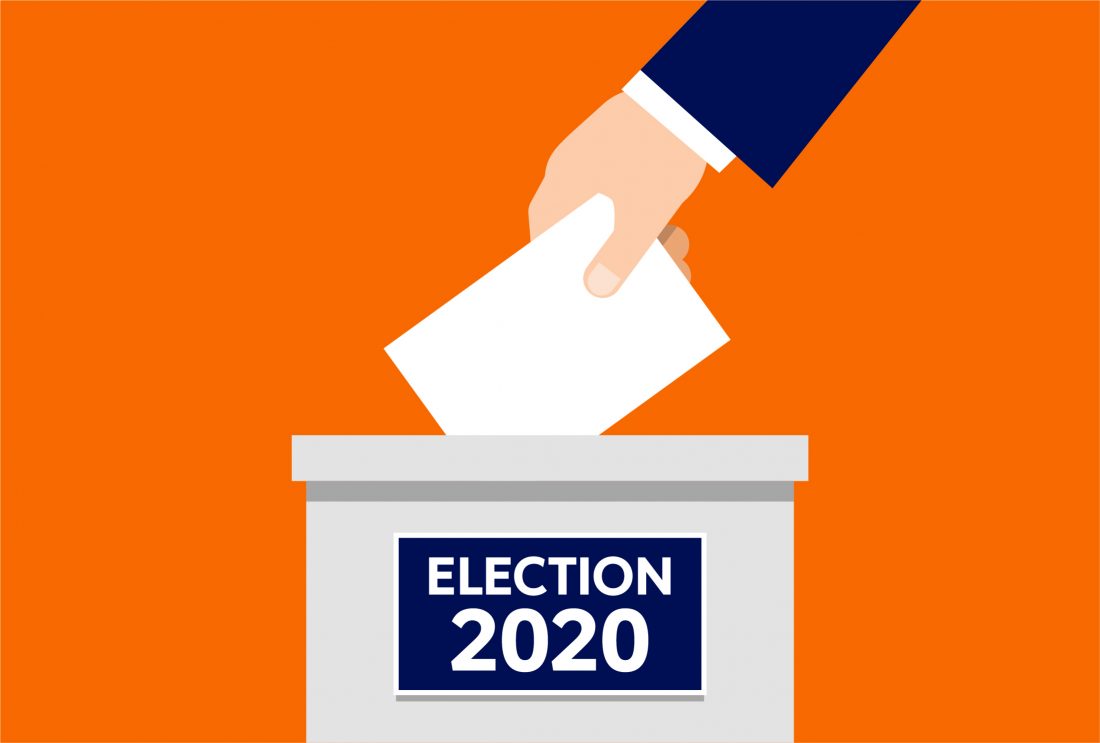 Drawing of a hand placing ballot in a box labeled Election 2020