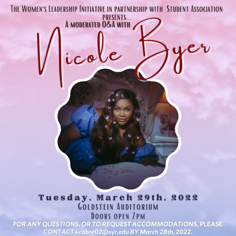 Flyer for Moderated Q&A with Nicole Byer on March 29th, 2022, Doors open at 7pm. 
