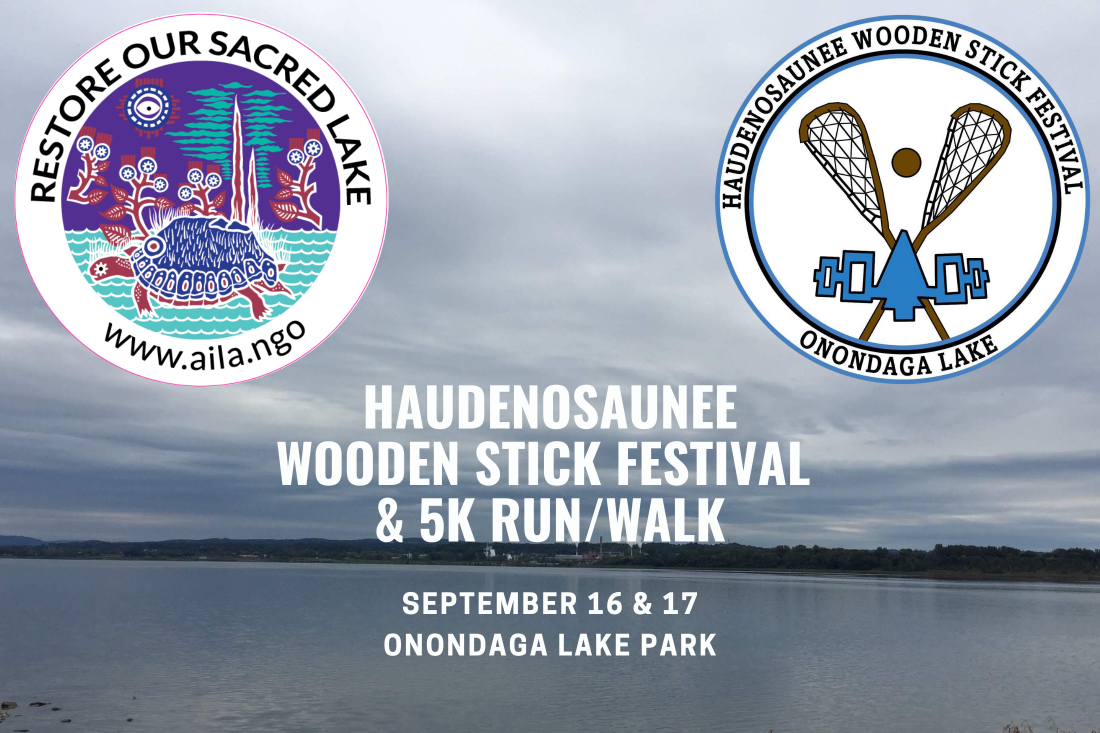Onondaga lake in the background with two logos super imposed over it. On the left is a turtle with the world on its back and on the right is two lacrosse sticks forming an X pattern. Around the outside of the logos is the name of the events. The center of the image features a description of the events.