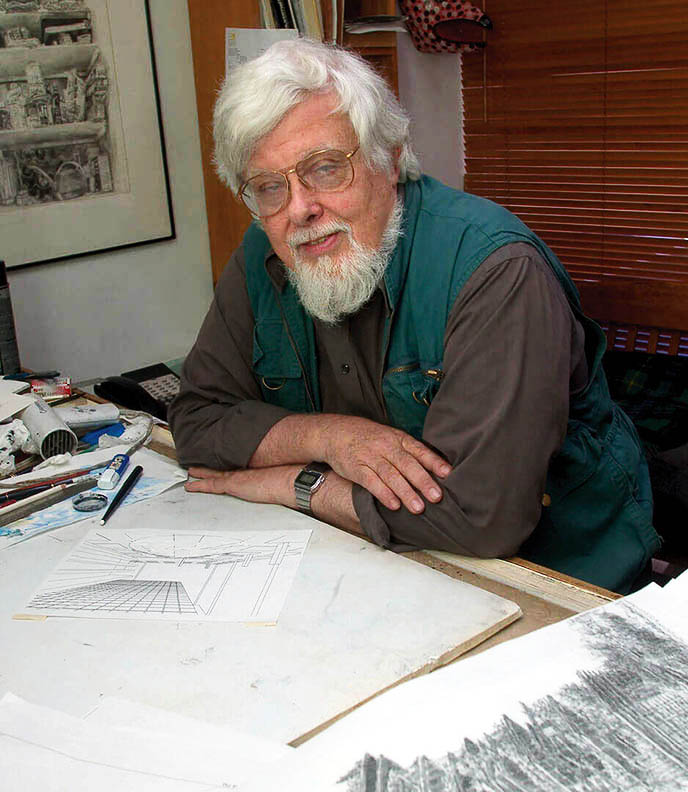 James Wines at a drawing table.