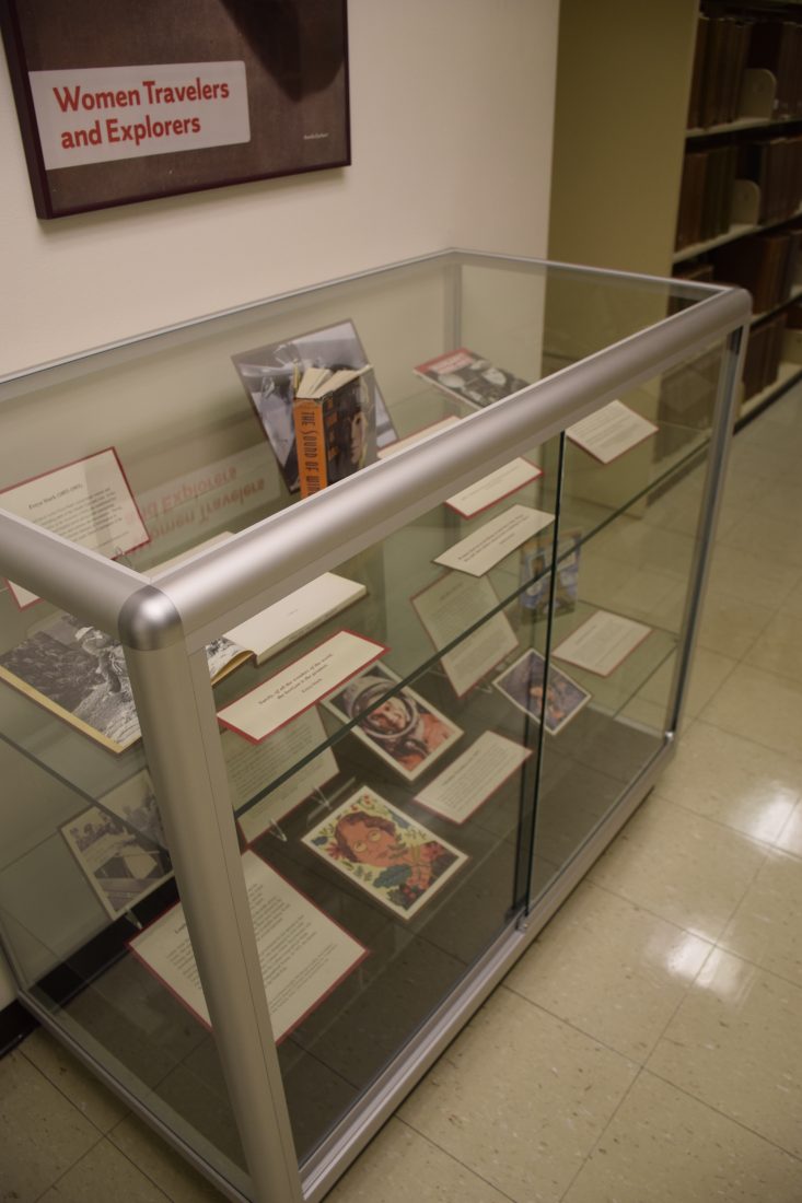 display case and sign above reading Women Travelers and Explorers