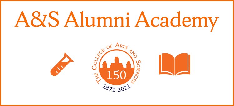 A&S Alumni Academy with illustrations of a test tube, 150th anniversary logo and an open book