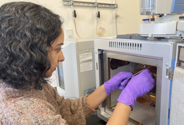 Tripti Bhattacharya working with samples in the lab