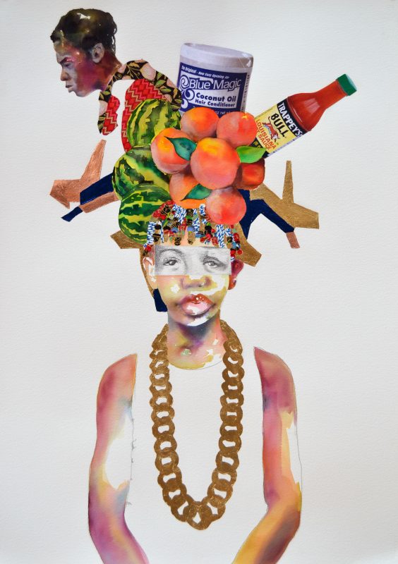 Image of Art: Figure with fruit and bottles on head