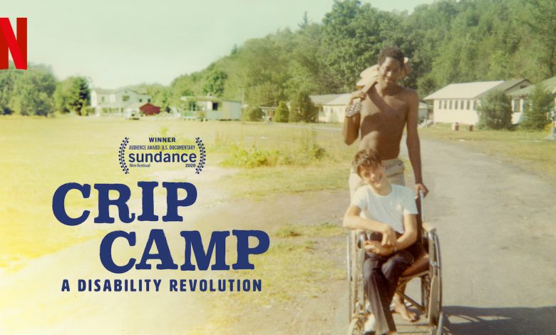 Promotional image for Crip Camp: A Disability Revolution, showing two campers — one in a wheelchair and another standing behind him — at a summer camp. The Sundance Film Festival Audience Award logo and Netflix branding are included.