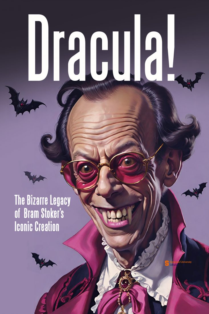 words Dracula! at top with image of man with vampire teeth and bats flying around him