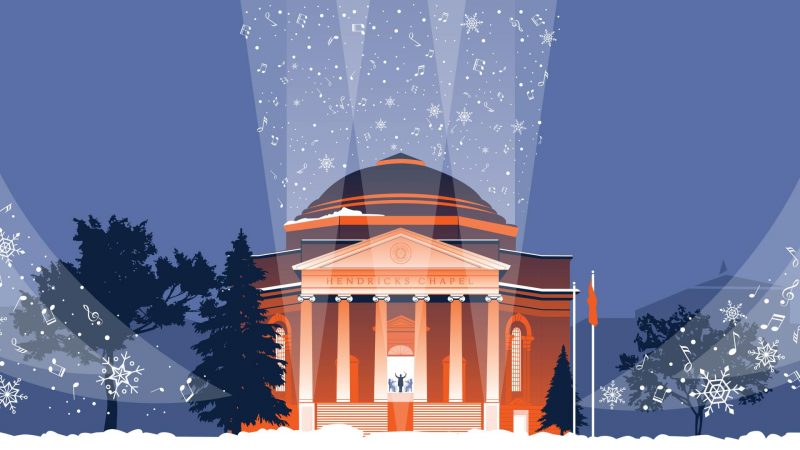 Illustration of Hendricks Chapel in blue and orange with music notes blowing around like snowflakes
