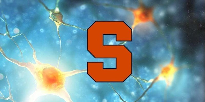 Syracuse university logo on a light blue background