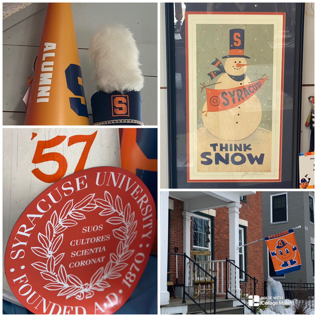 4 images: cheerleader horn, snowman, SU laurel leaf and otto flag