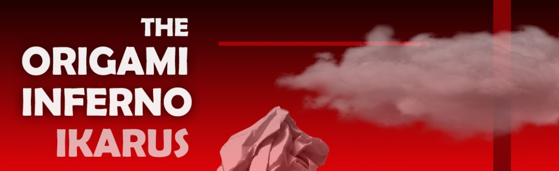 title of display set against bright red background and paper origami sculpture at bottom with cloud above it