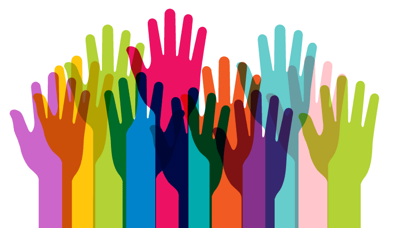 illustration of hands of all different rainbow colors raised in the air