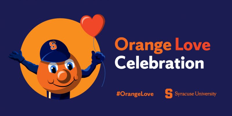 Otto holding a red heart-shaped balloon with the text Orange Love Celebration.
